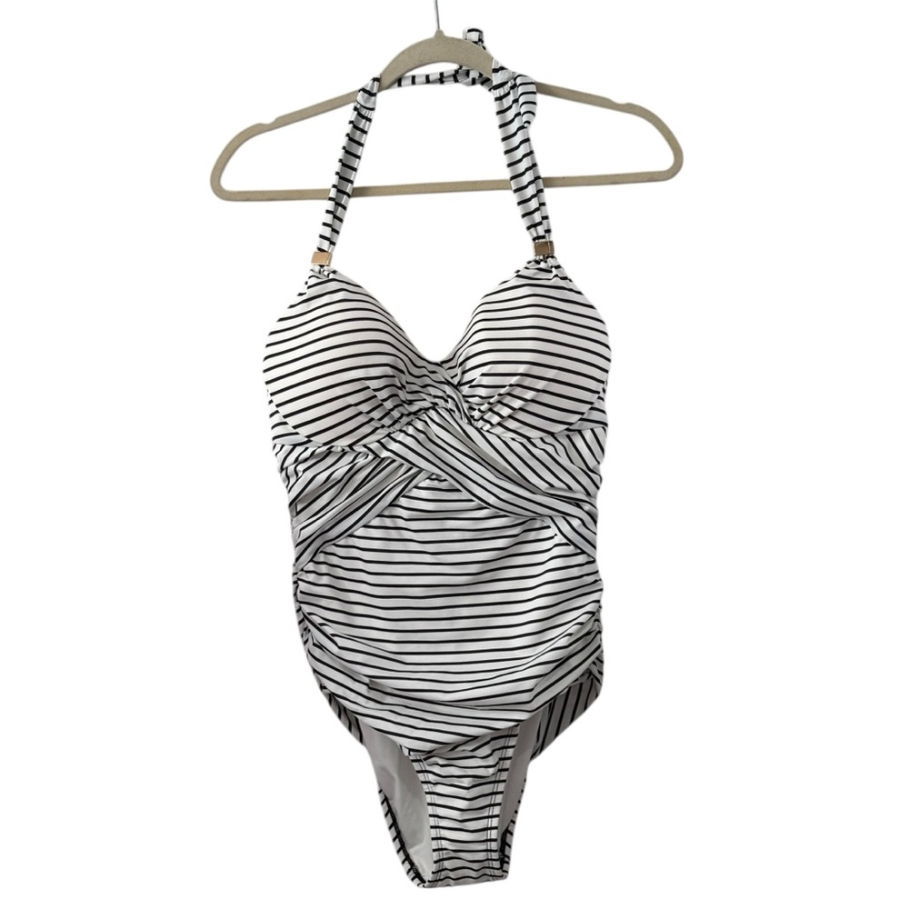 NWT Victoria’s Secret 36C Striped Halter One Piece Swimsuit Black White Slimming